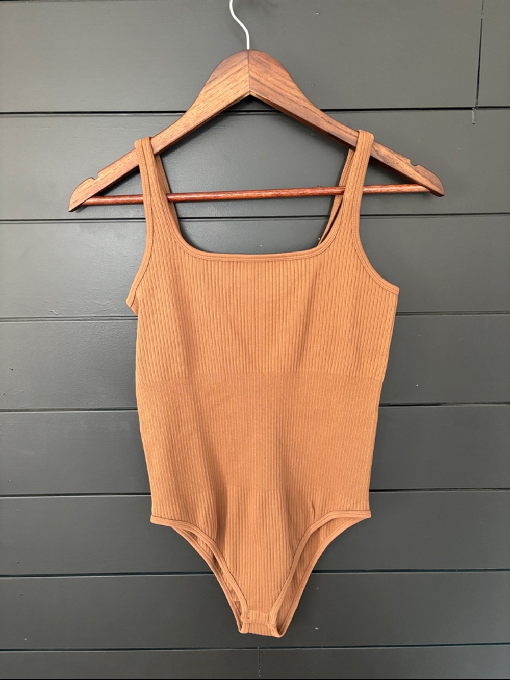 Ribbed Square-Neck Bodysuit in Camel Brown: Set of 2